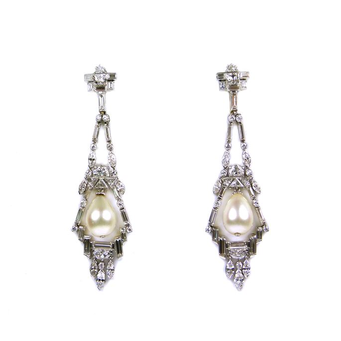   Cartier - Pair of diamond and drop pearl pendant earrings | MasterArt